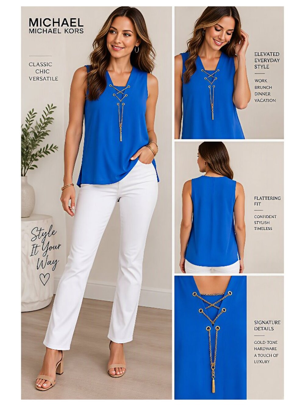 Michael Michael Kors Royal Blue Sleeveless Chain Neck Top Size Large